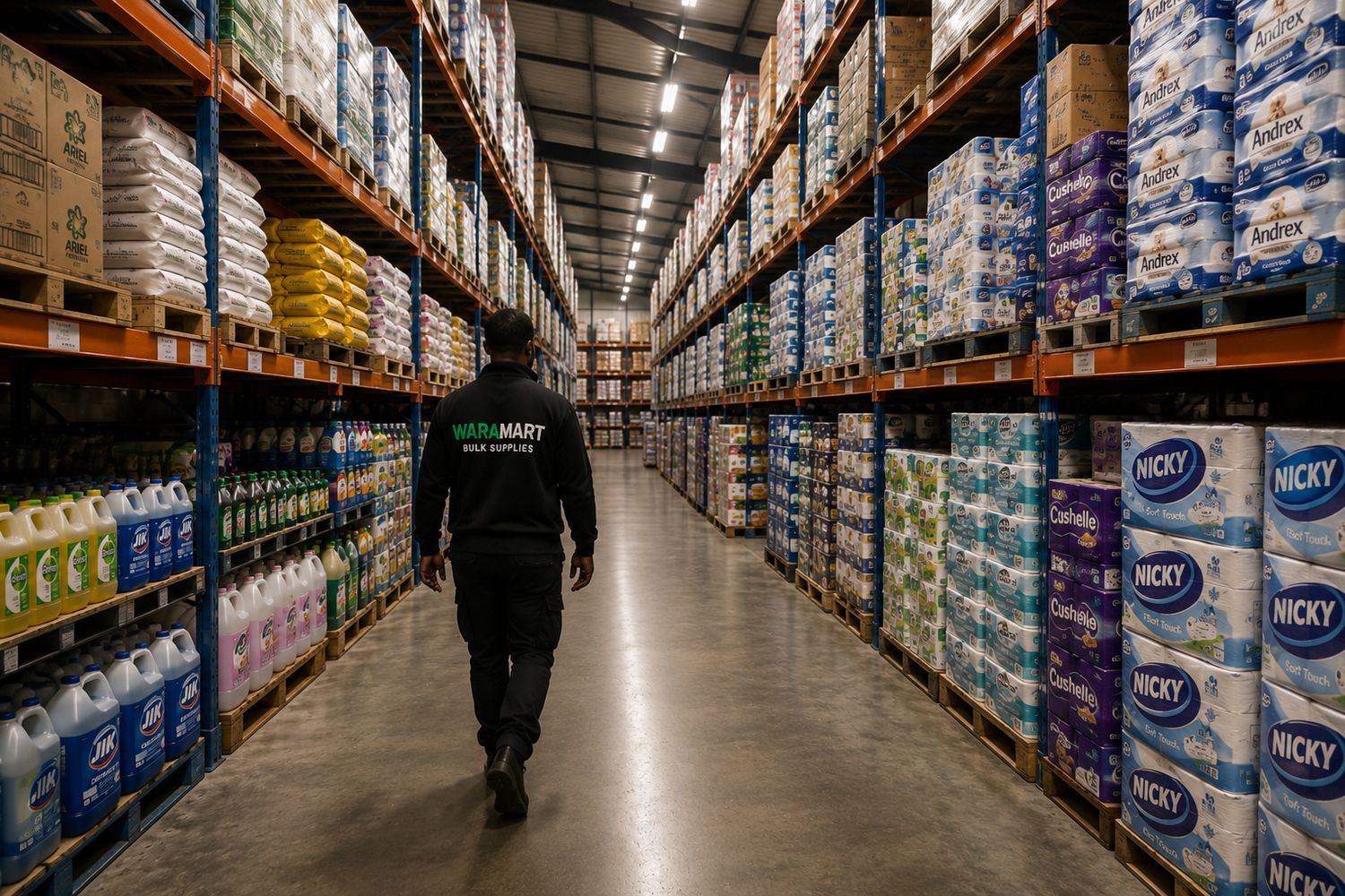 WaraMart Bulk Supplies warehouse aisle stacked with cases of groceries and cleaning products